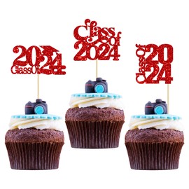 Paquete de 30 tapas de graduación 2024 para cupcakes de clase 2024 para decoración de pasteles de graduación universitaria para suministros de fiesta temática de graduación 2024, color rojo
