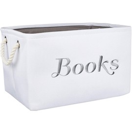 APPLE PIE ORDER Nursery basket, Storage & organizer Bin for Baby, Diapers, Wipes, Books, Toys. White Canvas fabric Decorative Box with Embroidering. (Books - Gray, Medium)