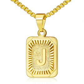 Cupimatch Letter Chain Pendant Gold – Women's Men's Letter A-Z Necklace Stainless Steel Square Shape Alphabet Pendant Necklace Chain with 56 cm Wheat Chain for Men Women, Stainless Steel
