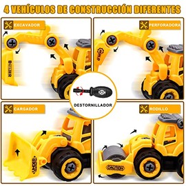 Juguetes de Construccion, 4Pzs Take Apart Camiones De Construcción, Carritos Juguete con Excavadora, Topadora, Martinete y Apisonadora, DIY Carros Juguete, Regalo Navidad para 3-8 Años