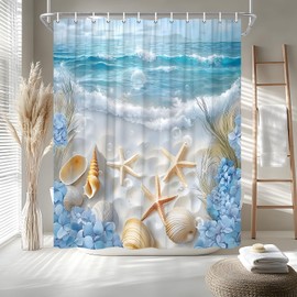 TQNNTQ Ocean Beach Shower Curtain Blue Ocean Starfish Conch Shell Floral Hawaiian Scenery Sea Wave Ocean Coastal Seaside Landscape Bath Curtain Fabric Bathroom Accessories Decor with Hooks 70W x70L
