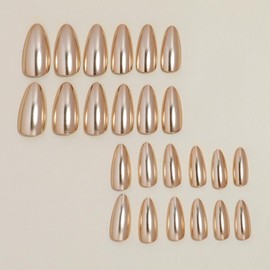 Gold Press on Nails Medium Almond Fake Nails Chrome Metallic False Nails Press ons with Designs Glossy Full Cover Acrylic Glue on Nails Cute Artificial Stick on Nails for Women Manicure 24Pcs
