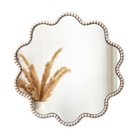 SUMGAR Wall Mirror Decor Boho Farmhouse White Round Circle Flower Wavy Wood Framed Mirror Decorative for Entryway Bathroom Bedroom Living Room Beauty Aesthetic 15×15 Inch HD Glass