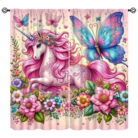 FengMingRui Fantasy Kids Unicorn Curtain Pink Horse Butterfly Flower Unicorn Window Treatment for Kids Boy Girl Bedroom Living Room Home Decor Window Drapes 42" W X 45" L