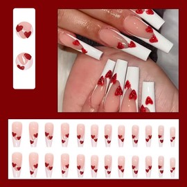 Mgmxbsth 24Pcs Square Fake Nails,Red and White Press on Nails,Heart Beat Glossy Fake Nails, Stick on Nails with Designs Stick for Women and Girls (Romantic House)