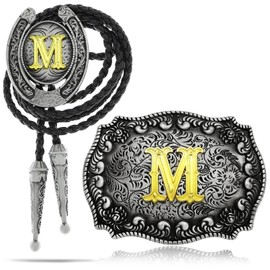 Yjfeshion 2 Pieces Western Cowboy Belt Buckle Bolo Tie Set Golden Initial Letter ABCJ to Z Rodeo Belt Buckles for Women Men M