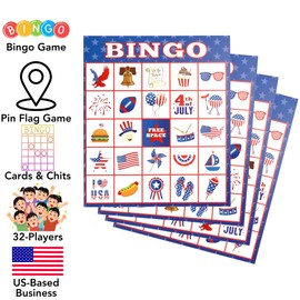Iconikal 32 Player Bingo Game Set, Patriotic 4th of July Games with Extra Pinning Game