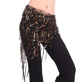 Lauthen.S Women Belly Dance Hip Scarf, Sequin Tassels Triangle Tribal Wrap Skirt Waist Chain, Black(gold Sequins), One Size