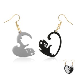 Silver Black Cat Heart Earrings Cute Dangle Earrings for Women, Unique Heart Kitty Earrings Fun Animal Jewelry Mother Valentine's Day Christmas Gift for Feline Lovers (EA309-Silver Black Cat)