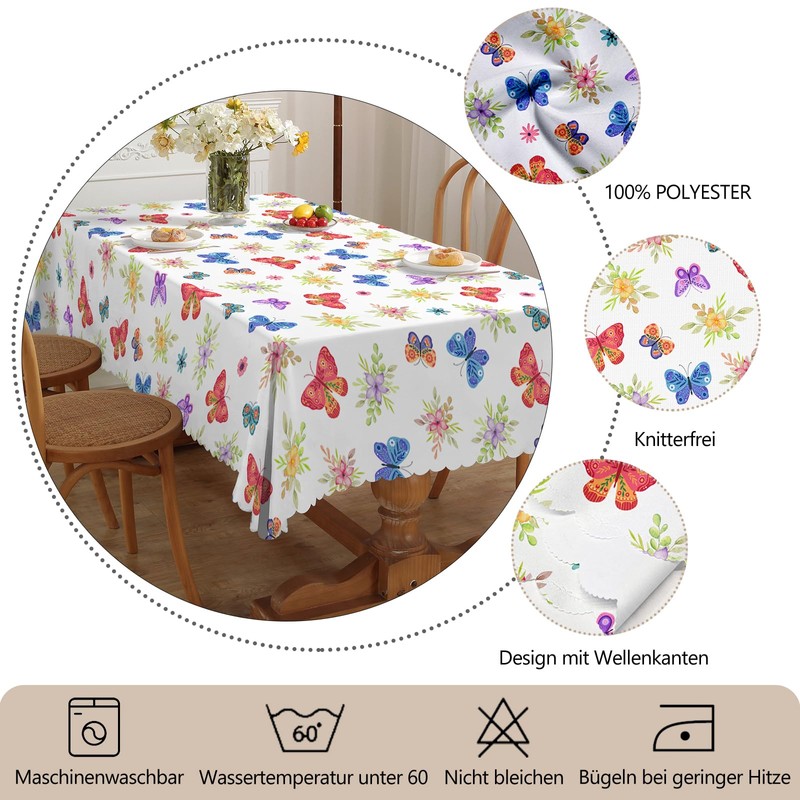 iEvery Tablecloth Spring Washable, Floral Butterfly Garden Tablecloth Rectangular Weatherproof