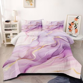 CCoutueChen Purple Marble Comforter Set King Size Gold Glitter Marbling Bedding Set Watercolor Abstract Art Down Comforter Aesthetic Marble Print Bed Set for Adult Women Kids Teens Bedroom Decor