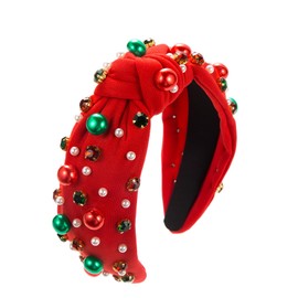 Sokfone Women's Christmas Headband Pearl Knotted Headband Christmas Red and Green Pearl Rhinestone Crystal Gem Hairband Top Knot Holiday Headband Christmas Hair Accessories Holiday Costume Gift (Red)