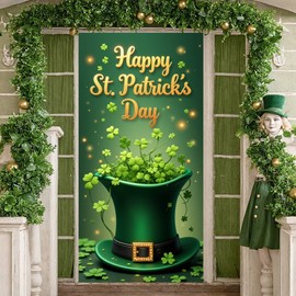 Happy St Patricks Day Door Cover with 20ft Rope 71x35 Inch Lucky Leprechaun Hat Shamrock Backdrop Banner Green Clover Gold Coin Porch Decoration for Irish Festival Party Home Front Door Prop