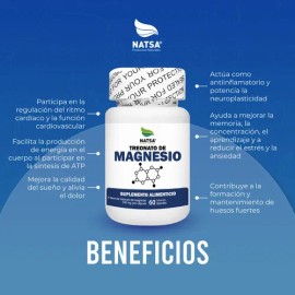 Treonato De Magnesio Natsa 60 Cápsulas, Maxima Absorción, Mejora calidad del Sueño, Mejora tu Memoria y Concentración, Huesos Fuertes, Regula tu coraz
