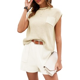 oten Women's Casual Two Piece Outfits Sweater Sets Knit Pullover Vest Short Lounge Tracksuit Sweatsuit Oatmeal White X-Large