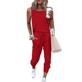 PRETTYGARDEN - Conjunto de dos piezas para mujer, casual, sin mangas, cuello redondo, pantalones deportivos y pantalones deportivos, ropa de descanso, Rojo -, X-Large