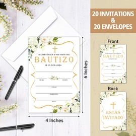 FTRZX Bautizo Invitations For Girls Boys, Floral Theme Invite Cards, 25 Invitations With Envelopes, Baptism Invitation Cards, Baby Christening Ceremony Religious Celebration Invites, 10