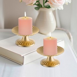 Sziqiqi Pillar Candle Holder Gold - Set of 2 Candle Plate for Wedding Christmas Metal Candle Tray for Table Centerpieces Small Candle Plates for Tealights Home Decor