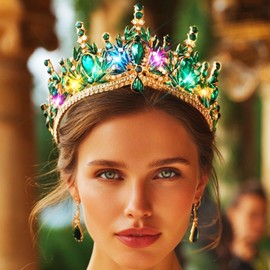 Kilshye Light Up Rhinestone Crowns and Tiaras Crystal Queen Crown Festival Costume Hair Accessories for Women (Green)
