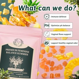 Gomitas Feminine Balance para mujeres: suplemento premium para el equilibrio del pH femenino, salud intestinal y refuerzo inmunitario. Sabor a piña hawaiana, 60 gomitas.