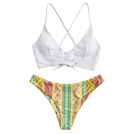 ZAFUL Women's Two Piece Bikini Set with Adjustable Bra Push-Up Back Triangle Bustle Swimming Trunks with Floral Pattern, 5-White