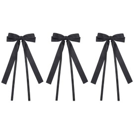 3 Piece Satin Bow Clip Hair Ribbons for Women & Girls, Metal Alligator Clip No Slip Design Bow, Double Long Tail Bows (Black, One size)