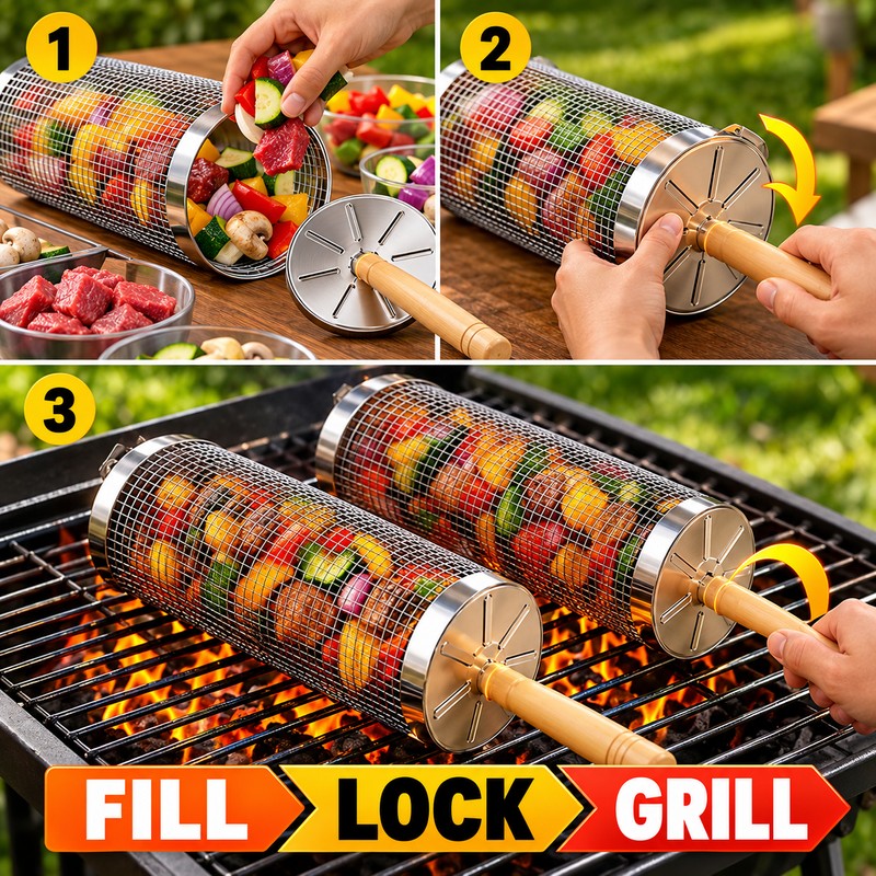 4-Pack Stainless Steel Rolling Grill Baskets for BBQ – Wooden