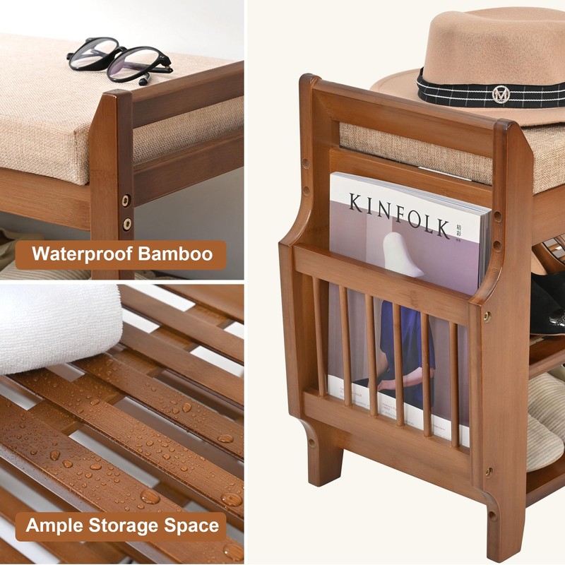 PETKABOO 2 Tier Shoe Bench, Bamboo Shoe Rack Bench, Shoe