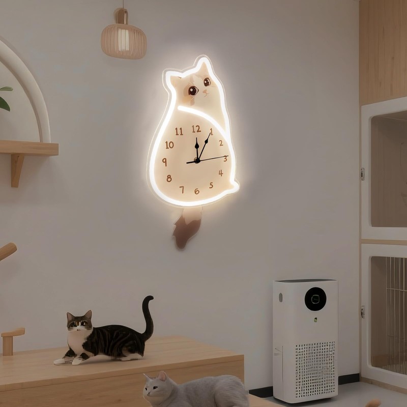 Ragdoll Cat LED Lighted Clock with Swaying Tail - Neon