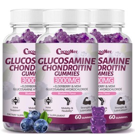 CocoaNee 3 Packs 3000MG Glucosamine Chondroitin Gummies, Extra Strength Joint Support Supplement with MSM & Elderberry, Flexibility, Antioxidant Immune Support Gummy for Adults, Men & Women 180Cts