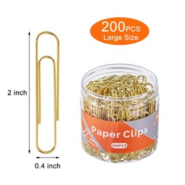 NEEWAY Gold Paper Clips, 200 Count Large Size, 2 Inch Jumbo Paperclips, Stylish Gold-Plated Paper Clip