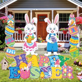 Wenqik 5 Pcs Easter Yard Signs with Stakes Outdoor Easter Yard Decorations Large Happy Easter Bunny Eggs Lawn Decorations Waterproof Easter Rabbit Yard Stakes for Spring Home Garden Party Decor