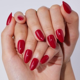 S.T. Friends Press On Nails - Soft Gel Fake Nails, Gel Finish Short Pointed Almond Shape, Red Reusable Semi-Transparent Nails in 16 Sizes - 32 Nail Kit with Glue