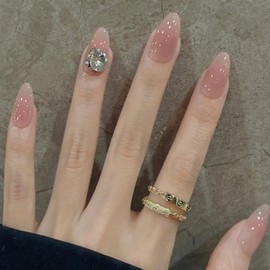 Hkanlre Almond Medium Pink Fake Nails Tips Rhinestones Press on Nails Full Cover False Gradient Nails for Women 24PCS