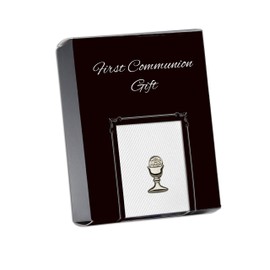 Boys First Communion Tie White Striped and Silver-Tone Chalice Tie Pin, 45-inch