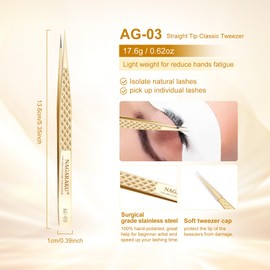 NAGARAKU Eyelash Tweezers, Precision Fiber Tip Tweezer for Eyelash Extensions Diamond Grip Anti-Static Anti-Slip Premium Gold Stainless Steel Pointed Lash Tweezers - Straight Tip Classic Tweezer AG-03