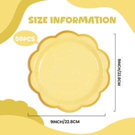 HFBOBP Pack of 50 Disposable Plates, Yellow and Gold Party Plates, 23 cm Plates, Disposable Tableware, 9 Inch Party Plates, Table Decorations, Party Tableware for Wedding, Garden, Birthday