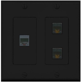Wallplate City 1 Port Phone 2 Port CAT6 Ethernet Wall Plate [ 2 GANG ] [ BLACK ]