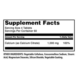Amazing Formulas Suplemento dietético de citrato de calcio, 1000 mg por porción de 4 comprimidos, 240 tabletas por botella, calcio altamente biodisponible, apoya el metabolismo óseo y los dientes más fuertes
