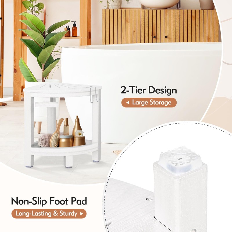 LOENIY 2-Tier Corner Shower Stool with Hooks & Soap Dish,