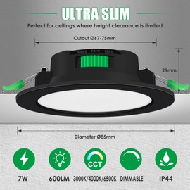 ALUSSO ALUSSO LED Einbaustrahler 230V Schwarz Dimmbar Flach 7W IP44 LED Spots 68mm Warmwei? Neutralwei? Kaltwei? Einbauspots fr Badezimmer Kche Wohnzimmer, 12er Set