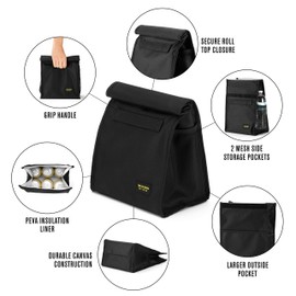 Reusable Lunch Sack Bag with Extra Storage Pockets and Washable Napkin for School and Work - Large Capacity Foldable Insulated Lunch Bag Tote for Men and Women (Black)