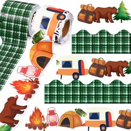 2 Rolls 65.6ft Camping Hiking Bulletin Board Borders Back to School Camping Green Tree Bear Tent Decoration Trim Border Bulletin Board Outdoor Themed Classroom Chalkboard Trim