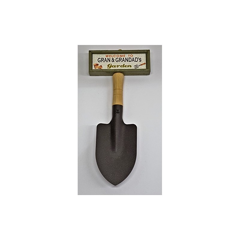 "Welcome to Gran & Grandad's garden" hanging shovel sign