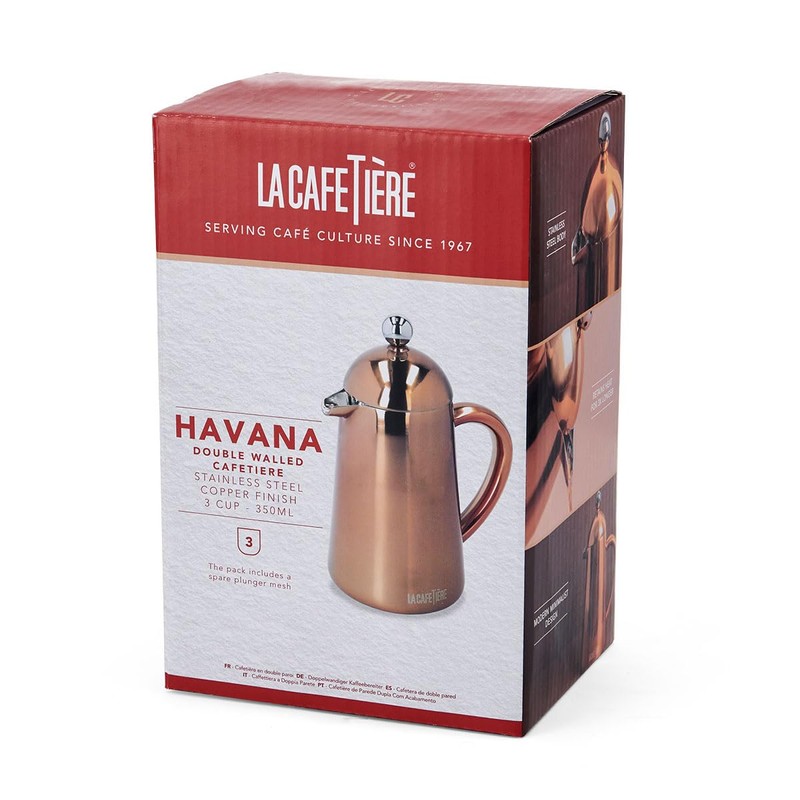 La Cafetière Havana Copper Stainless Steel Double Walled Cafetière, Three