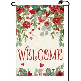 Welcome Valentines Day Floral Garden Flag 12x18 Inch Vertical Double Sided Roses Small Flags Anniversary Wedding Outside Decoration For Yard (ONLY FLAG) QR03