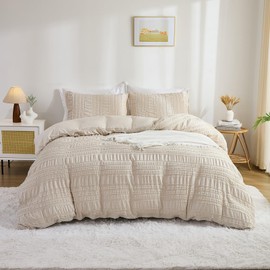 Stripe Seersucker Duvet Cover Set Ultra Soft Microfibre Double Bedding Set Luxury Easy Care Duvet Cover Wrinkle Resistant Seersucker Bedding Classic 3pcs Light Camel Bedding Set with Pillowcases