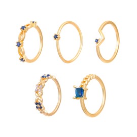 yuruyi Gold Plated Rings for Women, Thumb Stackable Rings Set for Women Non Tarnish, Color Rhinestone Joint Finger Band Jewlery Gift for Brithday Party Porm (Blue CZ-5PCS)