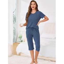 Wikoan Capri Pyjamas Set for Women, Ribbed Summer Cropped Pj's Set Tops and Capri Pants 2 Piece Outfits Loungewear with Pockets Drawstring Dark Blue,L