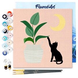 Figured'Art Mini Paint by Numbers Adults with Frame 20 x 20 cm Small Format - Kitten and Plant in Moonlight - Paint by Numbers Craft DIY Craft Set Canvas Stretched on Wooden Frame